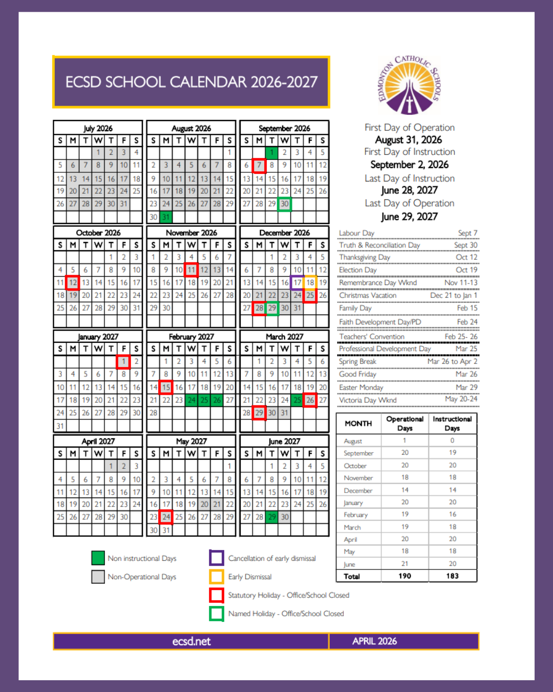 2026 2027 Calendar for Schools that follow a traditional calendar